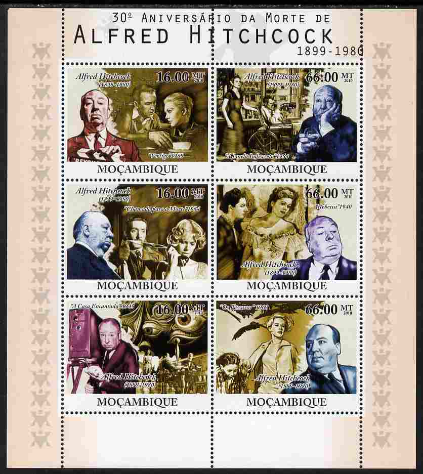 Mozambique 2010  30th Death Anniversary of Alfred Hitchcock perf sheetlet containing 6 values unmounted mint, stamps on , stamps on  stamps on personalities, stamps on  stamps on films, stamps on  stamps on cinema, stamps on  stamps on movies, stamps on  stamps on disabled, stamps on  stamps on birds