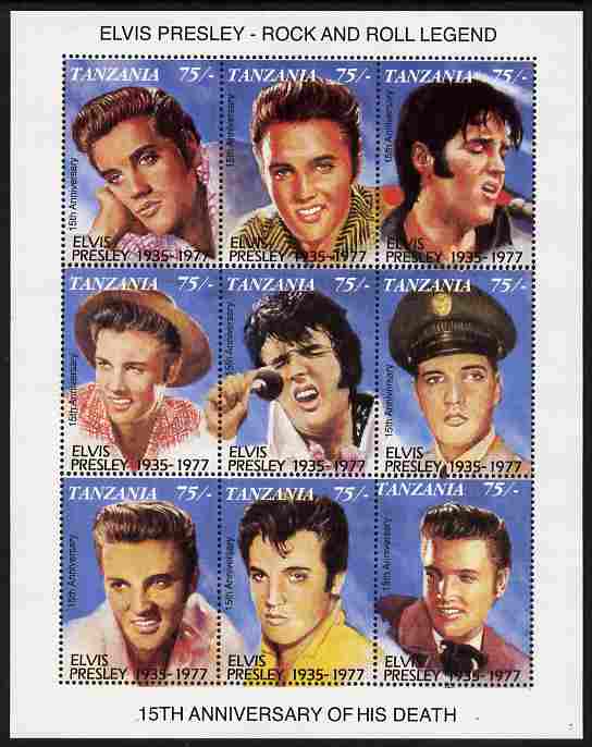 Tanzania 1992 Elvis Presley - 15th Death Anniversary perf sheetlet containing 9 values unmounted mint, stamps on , stamps on  stamps on personalities, stamps on  stamps on music, stamps on  stamps on rock, stamps on  stamps on pops, stamps on  stamps on elvis, stamps on  stamps on presley, stamps on  stamps on films, stamps on  stamps on cinema