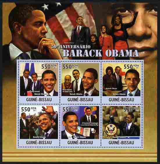 Guinea - Bissau 2011 50th Birth Anniversary of Barack Obama perf sheetlet containing 6 values unmounted mint, stamps on personalities, stamps on nobel, stamps on peace, stamps on usa presidents, stamps on american, stamps on masonics, stamps on masonry, stamps on obama, stamps on scouts