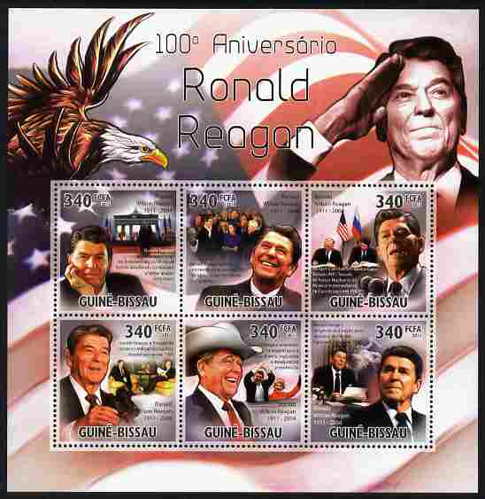 Guinea - Bissau 2011 100th Birth Anniversary of Ronald Reagan perf sheetlet containing 6 values unmounted mint, stamps on , stamps on  stamps on personalities, stamps on  stamps on usa presidents, stamps on  stamps on american, stamps on  stamps on films, stamps on  stamps on cinema, stamps on  stamps on movies, stamps on  stamps on eagles