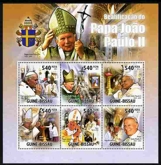 Guinea - Bissau 2011 Beatification of Pope John Paul II perf sheetlet containing 6 values unmounted mint, stamps on , stamps on  stamps on personalities, stamps on  stamps on pope, stamps on  stamps on popes