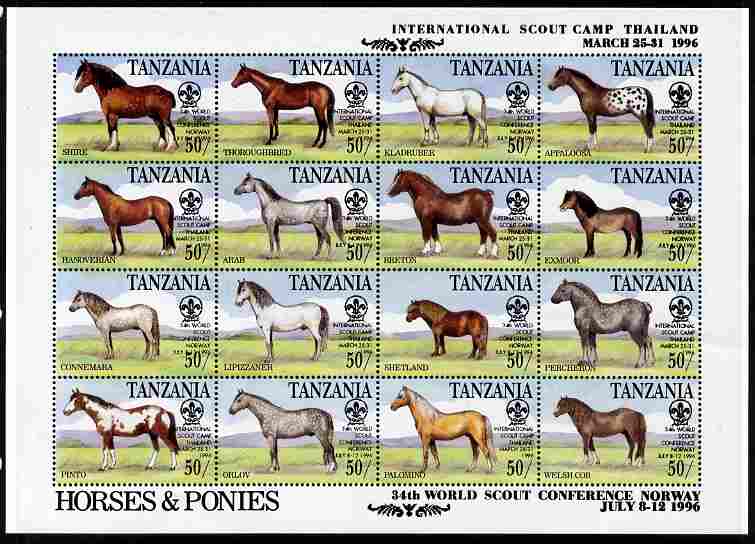 Tanzania 1996 World Scout Conference overprinted on 1991 Horses sheetlet of 16 values unmounted mint, stamps on , stamps on  stamps on scouts, stamps on  stamps on horses