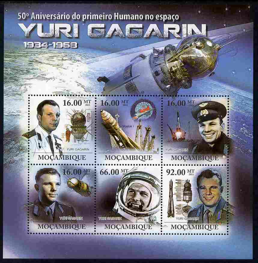 Mozambique 2011 50th Anniversary of First Man in Space - Yuri Gagarin perf sheetlet containing 6 values unmounted mint, stamps on , stamps on  stamps on personalities, stamps on  stamps on space, stamps on  stamps on rockets, stamps on  stamps on 