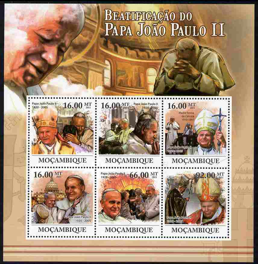 Mozambique 2011 Beatification of Pope John Paul II perf sheetlet containing 6 values unmounted mint, stamps on personalities, stamps on pope, stamps on popes, stamps on religion, stamps on 