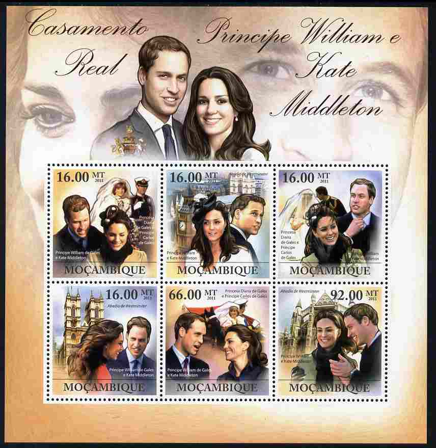 Mozambique 2011 Royal Wedding - William & Kate perf sheetlet containing 6 values unmounted mint, stamps on , stamps on  stamps on personalities, stamps on  stamps on royalty, stamps on  stamps on royal wedding, stamps on  stamps on william, stamps on  stamps on kate