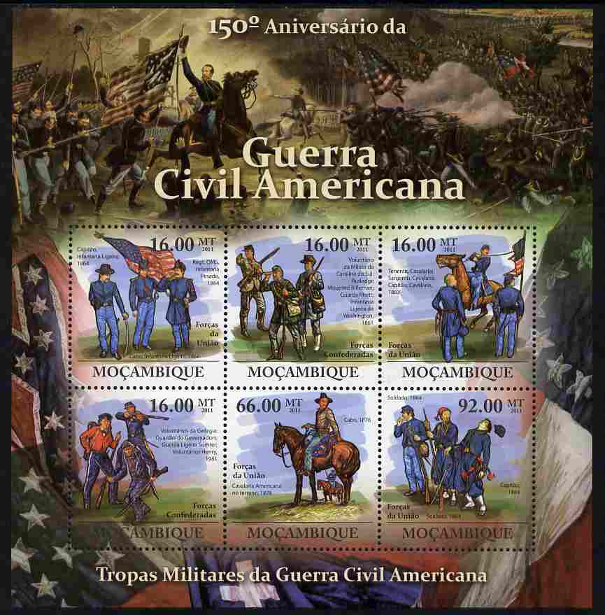 Mozambique 2011 150th Anniversary of American Civil War perf sheetlet containing 6 values unmounted mint, stamps on , stamps on  stamps on americana, stamps on  stamps on battles, stamps on  stamps on flags, stamps on  stamps on militaria, stamps on  stamps on horses