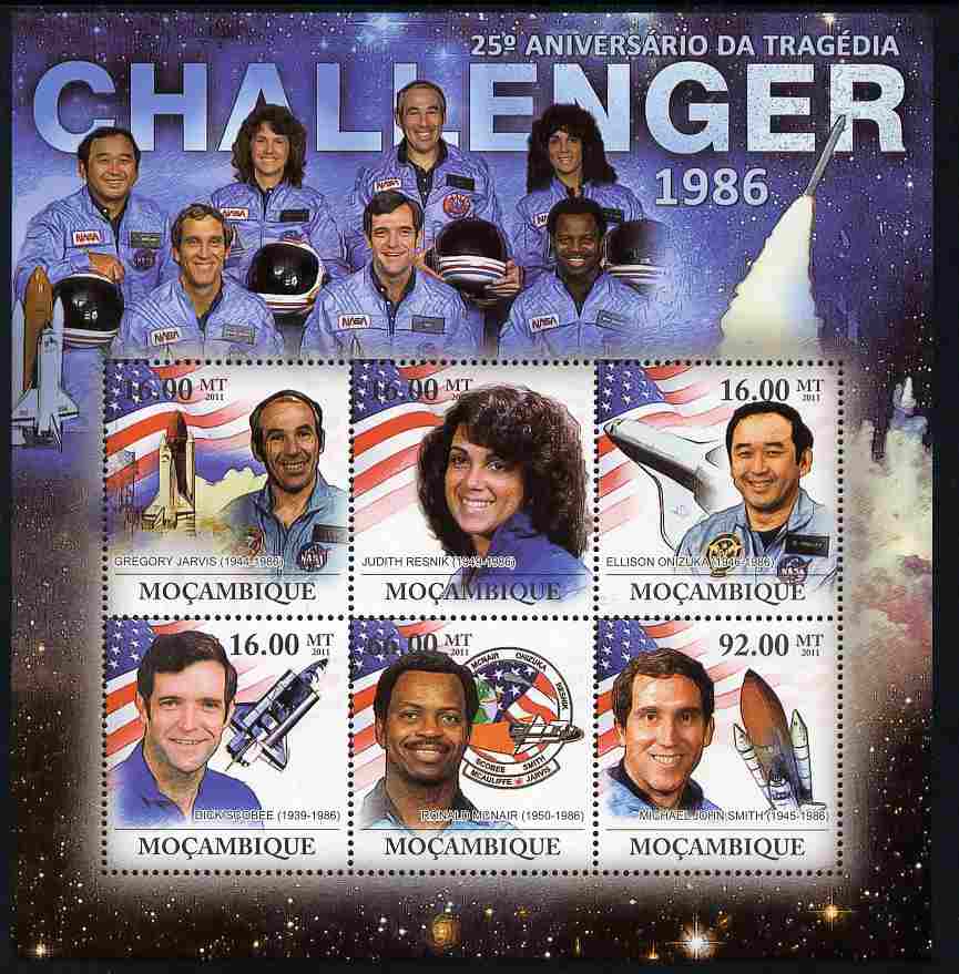 Mozambique 2011 25th Anniversary of Challenger Disaster perf sheetlet containing 6 values unmounted mint, stamps on space, stamps on shuttle, stamps on disasters, stamps on rockets