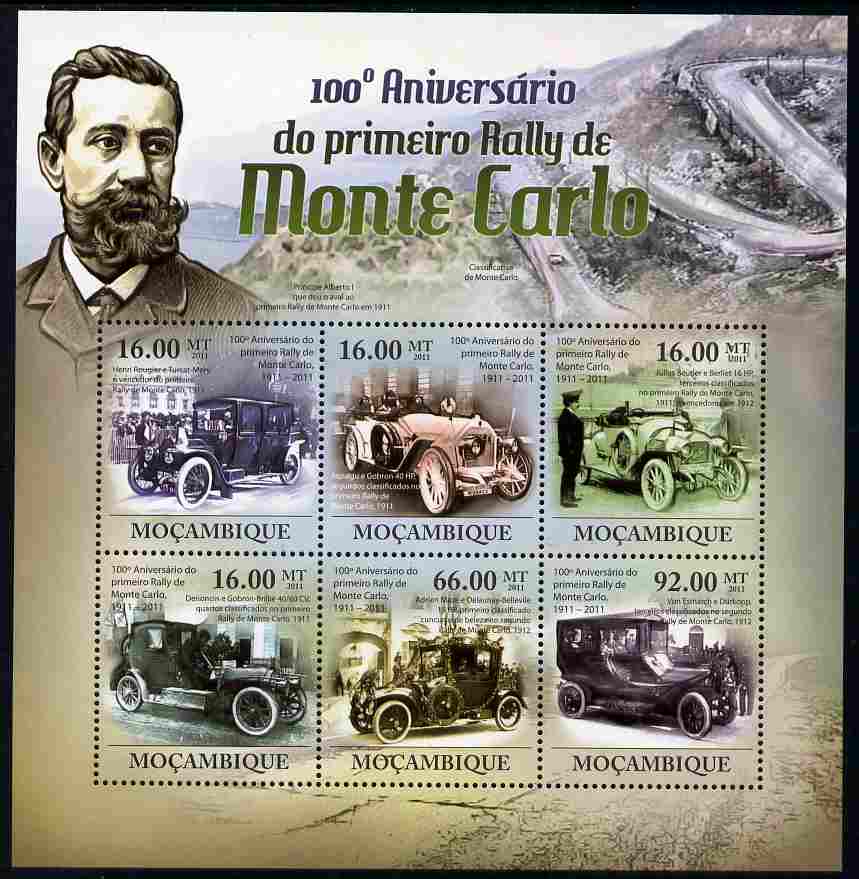 Mozambique 2011 Centenary of First Monte Carlo Rally perf sheetlet containing 6 values unmounted mint, stamps on sport, stamps on cars, stamps on racing, stamps on formula 1, stamps on  f1 , stamps on racing cars, stamps on 