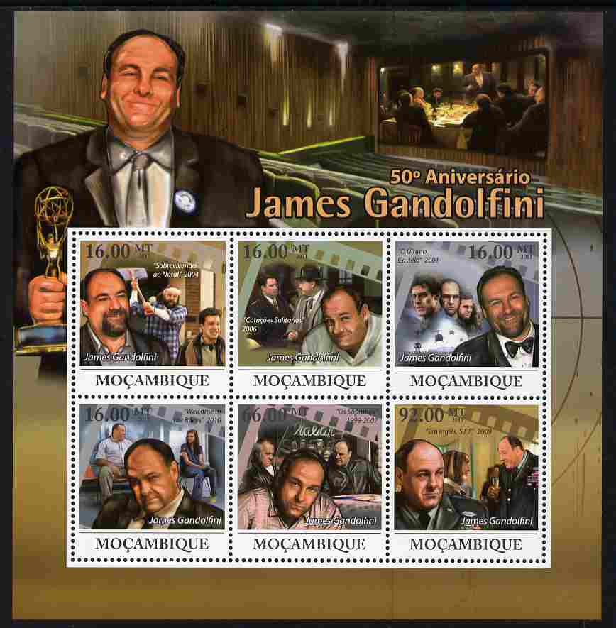 Mozambique 2011 50th Birth Anniversary of James Gandolfini perf sheetlet containing 6 values unmounted mint, stamps on personalities, stamps on films, stamps on cinema, stamps on movies, stamps on  tv , stamps on mafia