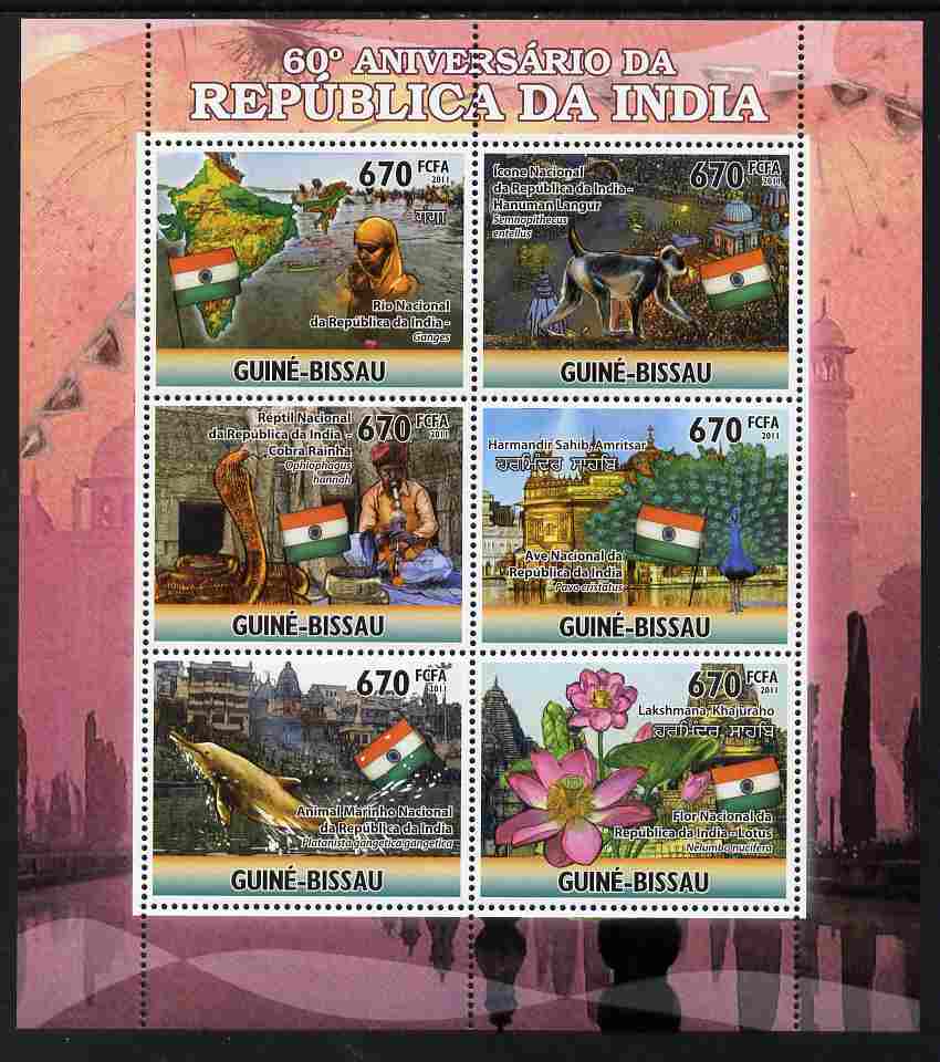 Guinea - Bissau 2011 60th Anniversary of India perf sheetlet containing 6 values unmounted mint Michel 5233-38, stamps on , stamps on  stamps on flags, stamps on  stamps on apes, stamps on  stamps on snakes, stamps on  stamps on dolphins, stamps on  stamps on flowers, stamps on  stamps on peacocks, stamps on  stamps on maps