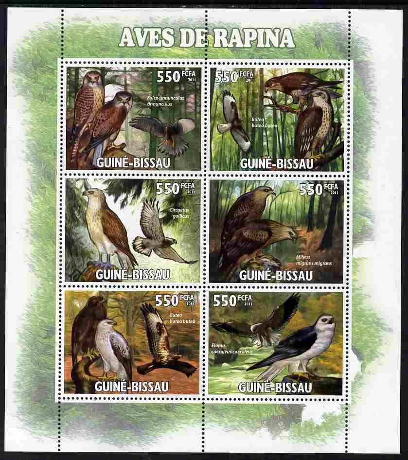 Guinea - Bissau 2011 Raptors perf sheetlet containing 6 values unmounted mint Michel 5266-71, stamps on , stamps on  stamps on birds, stamps on  stamps on birds of prey, stamps on  stamps on falcons, stamps on  stamps on 