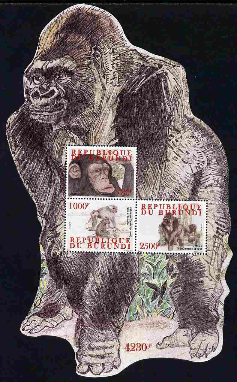 Burundi 2011 Primates perf sheetlet containing 3 values (shape of a Gorilla) unmounted mint , stamps on animals, stamps on apes, stamps on monkeys, stamps on shaped
