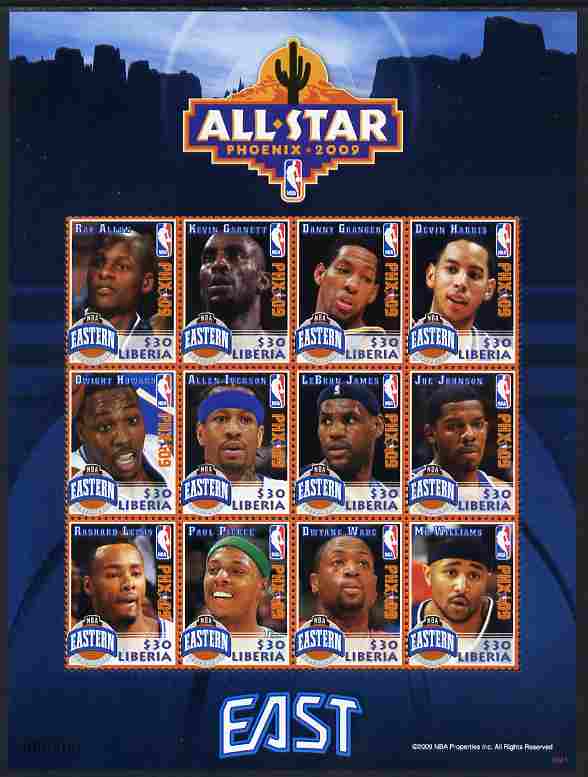 Liberia 2009 Phoenix All-Star Basketball - Eastern Conference perf sheetlet containing 12 values unmounted mint, stamps on sport, stamps on basketball