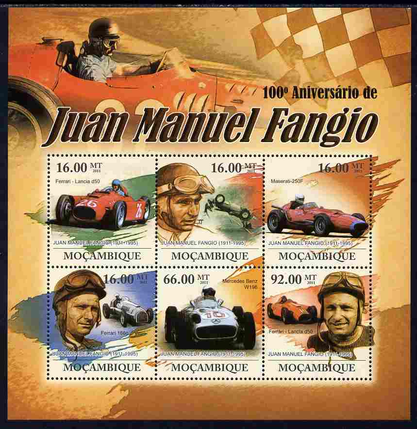 Mozambique 2011 Birth Centenary of Juan Manuel Fangio perf sheetlet containing 6 values unmounted mint Michel 4577-82, stamps on personalities, stamps on  f1 , stamps on formula 1, stamps on cars, stamps on racing cars, stamps on 