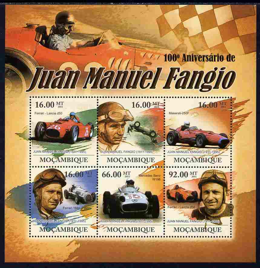 Mozambique 2011 Birth Centenary of Juan Manuel Fangio perf sheetlet containing 6 values unmounted mint Michel 4577-82, stamps on , stamps on  stamps on personalities, stamps on  stamps on  f1 , stamps on  stamps on formula 1, stamps on  stamps on cars, stamps on  stamps on racing cars, stamps on  stamps on 