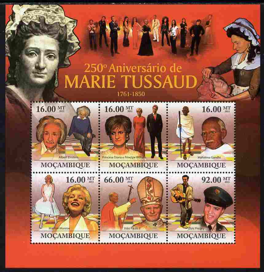 Mozambique 2011 250th Birth Anniversary of Madame Tussaud perf sheetlet containing 6 values unmounted mint Michel 4549-54, stamps on , stamps on  stamps on personalities, stamps on  stamps on einstein, stamps on  stamps on science, stamps on  stamps on physics, stamps on  stamps on nobel, stamps on  stamps on maths, stamps on  stamps on space, stamps on  stamps on judaica, stamps on  stamps on atomics, stamps on  stamps on mathematics, stamps on  stamps on judaism, stamps on  stamps on diana, stamps on  stamps on royalty, stamps on  stamps on gandhi, stamps on  stamps on marilyn, stamps on  stamps on movies, stamps on  stamps on cinema, stamps on  stamps on films, stamps on  stamps on pope, stamps on  stamps on popes, stamps on  stamps on elvis