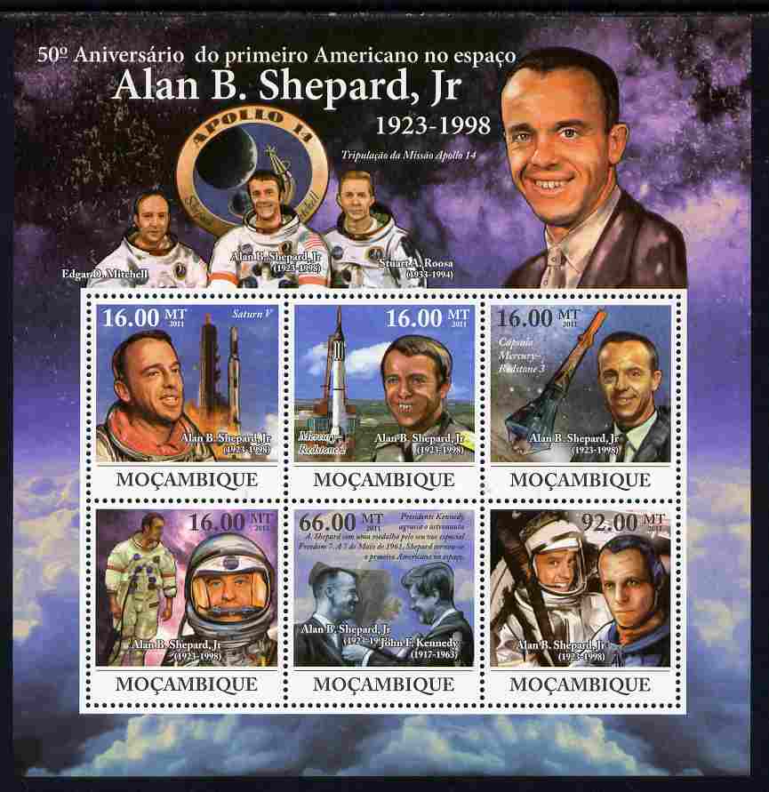 Mozambique 2011 Alan B Shepard - 50th Anniversary of First American in Space perf sheetlet containing 6 values unmounted mint Michel 4605-10, stamps on , stamps on  stamps on personalities, stamps on  stamps on space, stamps on  stamps on rockets, stamps on  stamps on apollo, stamps on  stamps on kennedy, stamps on  stamps on americana