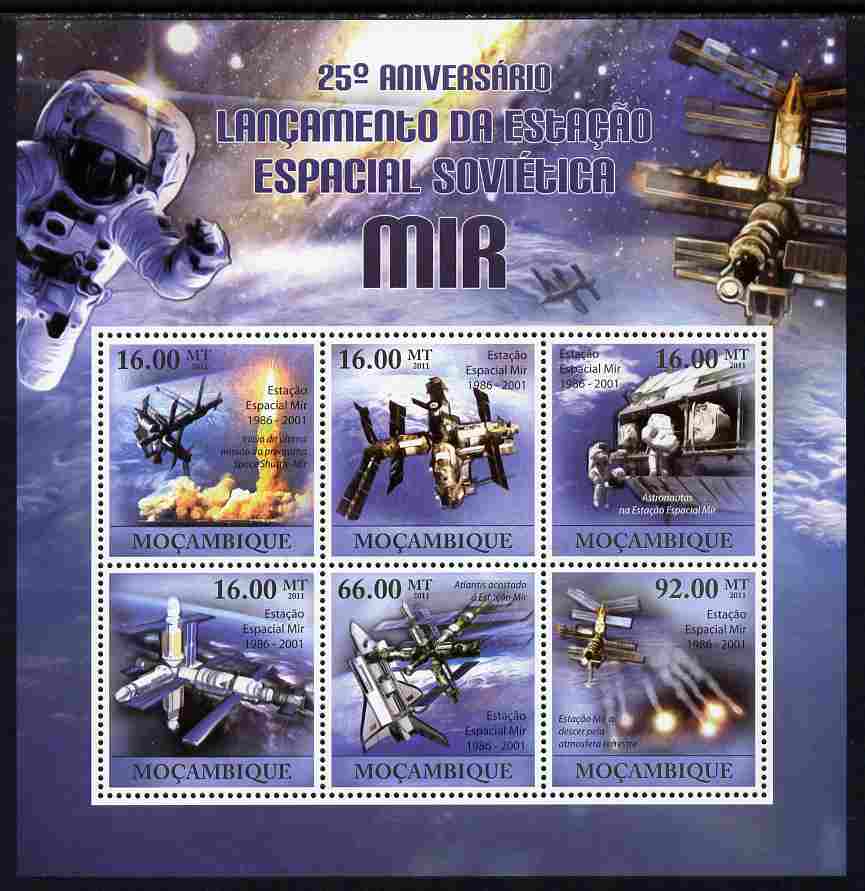 Mozambique 2011 25th Anniversary of MIR Space Station perf sheetlet containing 6 values unmounted mint Michel 4626-31, stamps on space, stamps on rockets, stamps on 