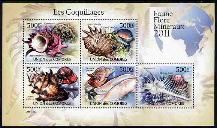 Comoro Islands 2011 Shells perf sheetlet containing 5 values unmounted mint , stamps on , stamps on  stamps on marine life, stamps on  stamps on shells