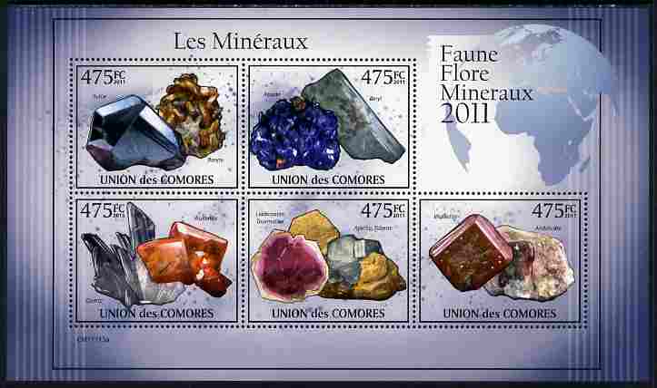 Comoro Islands 2011 Minerals #1 perf sheetlet containing 5 values unmounted mint , stamps on , stamps on  stamps on minerals