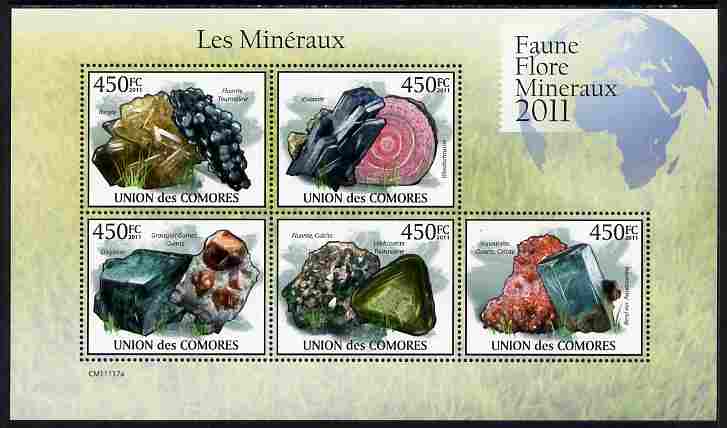 Comoro Islands 2011 Minerals #3 perf sheetlet containing 5 values unmounted mint , stamps on , stamps on  stamps on minerals