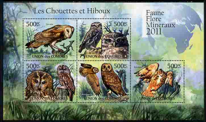 Comoro Islands 2011 Owls #1 perf sheetlet containing 5 values unmounted mint , stamps on , stamps on  stamps on birds, stamps on  stamps on birds of prey, stamps on  stamps on owls