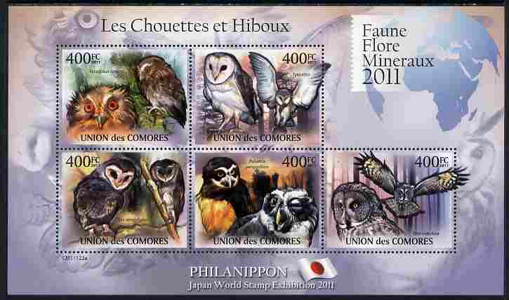 Comoro Islands 2011 Owls #2 perf sheetlet containing 5 values unmounted mint , stamps on birds, stamps on birds of prey, stamps on owls
