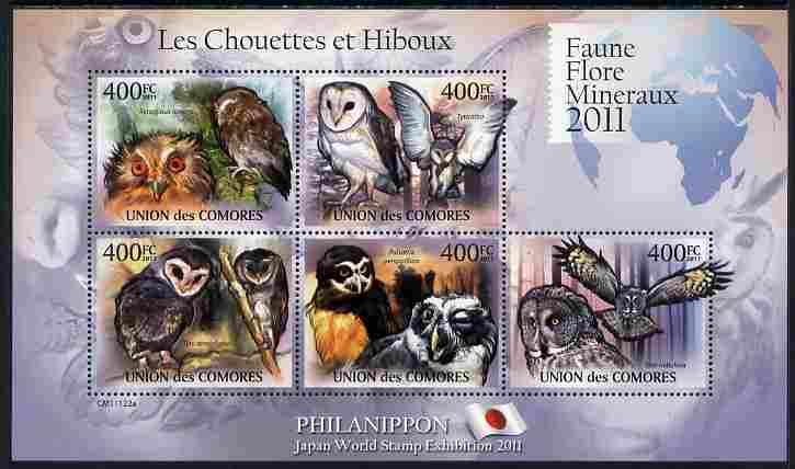 Comoro Islands 2011 Owls #2 perf sheetlet containing 5 values unmounted mint , stamps on , stamps on  stamps on birds, stamps on  stamps on birds of prey, stamps on  stamps on owls