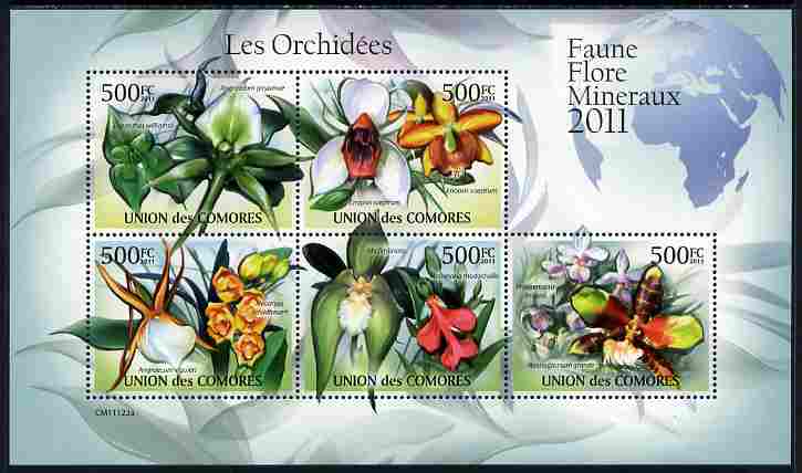 Comoro Islands 2011 Orchids perf sheetlet containing 5 values unmounted mint , stamps on , stamps on  stamps on flowers, stamps on  stamps on orchids