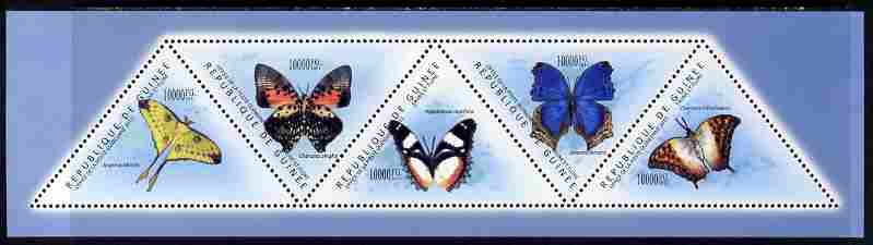 Guinea - Conakry 2011 Butterflies perf sheetlet containing set of 5 triangular shaped values unmounted mint, stamps on , stamps on  stamps on triangulars, stamps on  stamps on shaped, stamps on  stamps on butterflies