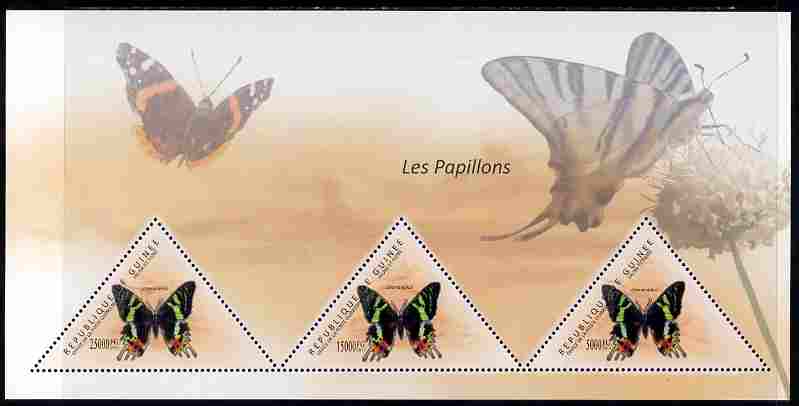 Guinea - Conakry 2011 Butterflies perf sheetlet containing 3 triangular shaped values unmounted mint, stamps on , stamps on  stamps on triangulars, stamps on  stamps on shaped, stamps on  stamps on butterflies