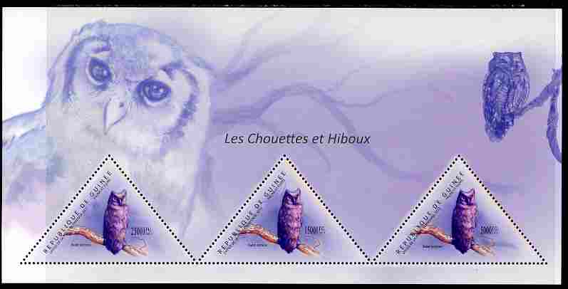 Guinea - Conakry 2011 Owls perf sheetlet containing 3 triangular shaped values unmounted mint, stamps on , stamps on  stamps on triangulars, stamps on  stamps on shaped, stamps on  stamps on birds, stamps on  stamps on birds of prey, stamps on  stamps on owls