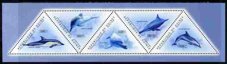 Guinea - Conakry 2011 Dolphins perf sheetlet containing set of 5 triangular shaped values unmounted mint, stamps on , stamps on  stamps on triangulars, stamps on  stamps on shaped, stamps on  stamps on marine life, stamps on  stamps on dolphins