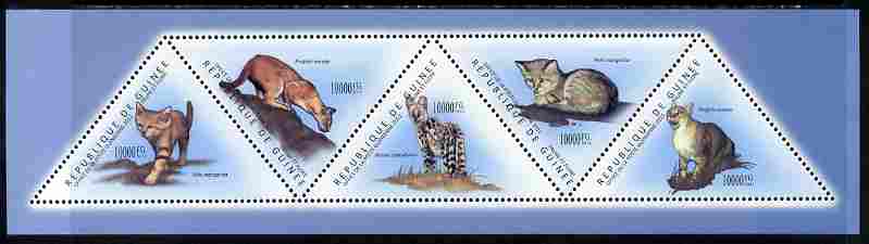 Guinea - Conakry 2011 Wild Cats perf sheetlet containing set of 5 triangular shaped values unmounted mint, stamps on , stamps on  stamps on triangulars, stamps on  stamps on shaped, stamps on  stamps on cats