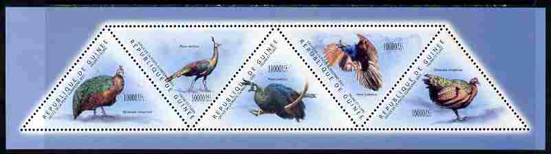 Guinea - Conakry 2011 Peafowl perf sheetlet containing set of 5 triangular shaped values unmounted mint, stamps on , stamps on  stamps on triangulars, stamps on  stamps on shaped, stamps on  stamps on birds, stamps on  stamps on peafowl