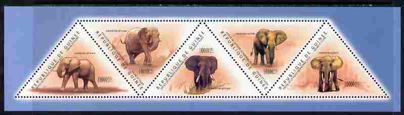 Guinea - Conakry 2011 Elephants perf sheetlet containing set of 5 triangular shaped values unmounted mint, stamps on , stamps on  stamps on triangulars, stamps on  stamps on shaped, stamps on  stamps on animals, stamps on  stamps on elephants