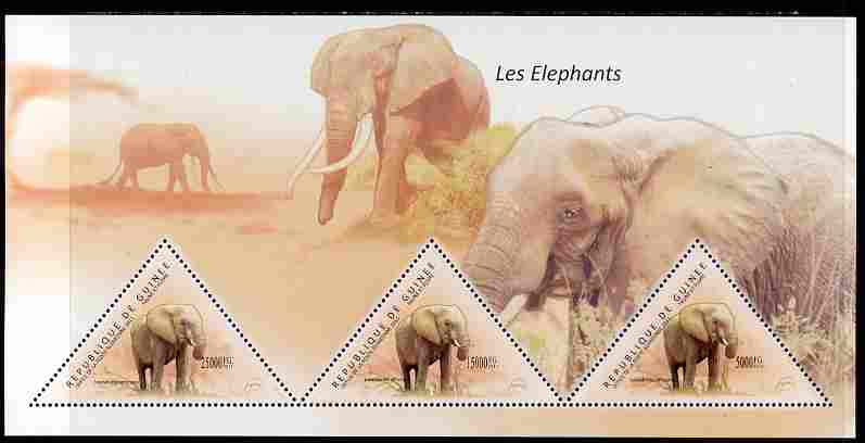 Guinea - Conakry 2011 Elephants perf sheetlet containing 3 triangular shaped values unmounted mint, stamps on , stamps on  stamps on triangulars, stamps on  stamps on shaped, stamps on  stamps on animals, stamps on  stamps on elephants