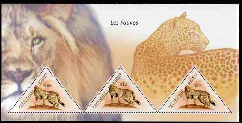 Guinea - Conakry 2011 Big Cats perf sheetlet containing 3 triangular shaped values unmounted mint, stamps on , stamps on  stamps on triangulars, stamps on  stamps on shaped, stamps on  stamps on animals, stamps on  stamps on lions, stamps on  stamps on cats, stamps on  stamps on cheetahs