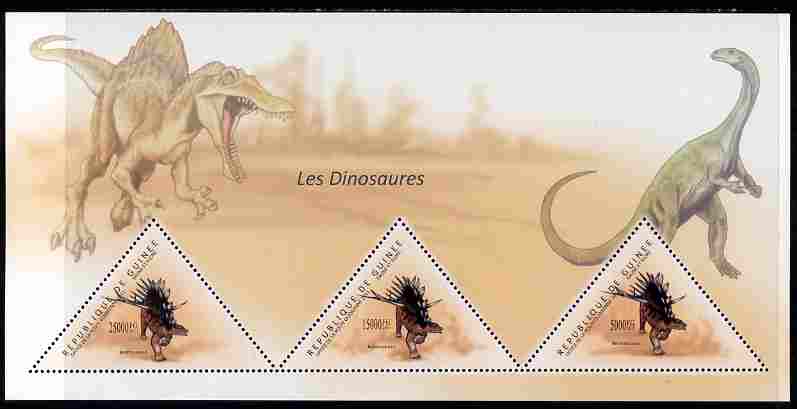 Guinea - Conakry 2011 Dinosaurs perf sheetlet containing 3 triangular shaped values unmounted mint, stamps on , stamps on  stamps on triangulars, stamps on  stamps on shaped, stamps on  stamps on animals, stamps on  stamps on dinosaurs