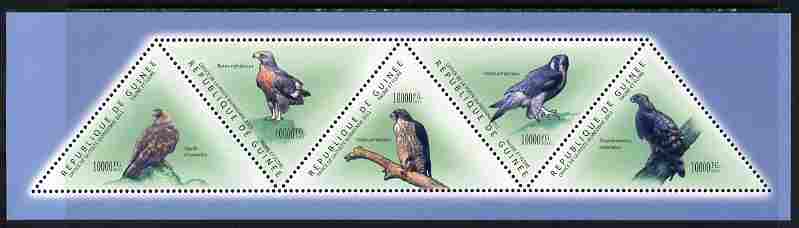 Guinea - Conakry 2011 Birds of Prey perf sheetlet containing set of 5 triangular shaped values unmounted mint, stamps on triangulars, stamps on shaped, stamps on birds, stamps on birds of prey, stamps on 