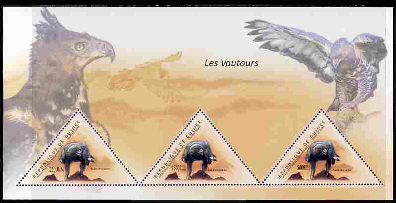 Guinea - Conakry 2011 Birds of Prey perf sheetlet containing 3 triangular shaped values unmounted mint, stamps on , stamps on  stamps on triangulars, stamps on  stamps on shaped, stamps on  stamps on birds, stamps on  stamps on birds of prey, stamps on  stamps on 