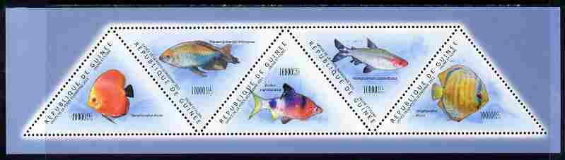 Guinea - Conakry 2011 Fish perf sheetlet containing set of 5 triangular shaped values unmounted mint, stamps on , stamps on  stamps on triangulars, stamps on  stamps on shaped, stamps on  stamps on fish