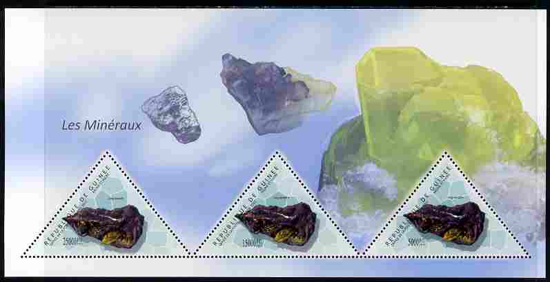 Guinea - Conakry 2011 Minerals perf sheetlet containing 3 triangular shaped values unmounted mint, stamps on , stamps on  stamps on triangulars, stamps on  stamps on shaped, stamps on  stamps on minerals