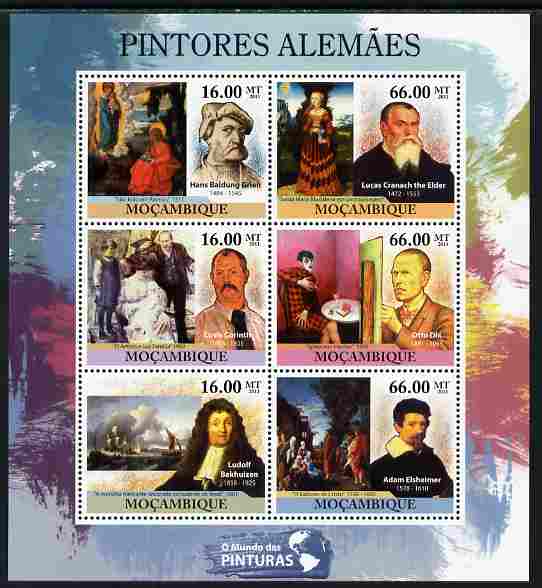 Mozambique 2011 German Paintings perf sheetlet containing 6 values unmounted mint, stamps on arts, stamps on cranach, stamps on 