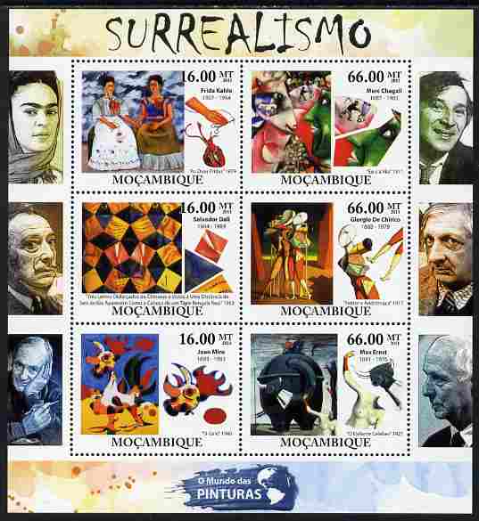 Mozambique 2011 Surrealist Art perf sheetlet containing 6 values unmounted mint, stamps on , stamps on  stamps on arts, stamps on  stamps on chagall, stamps on  stamps on dali, stamps on  stamps on ernst