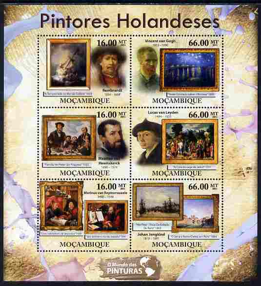Mozambique 2011 Dutch Paintings perf sheetlet containing 6 values unmounted mint, stamps on , stamps on  stamps on arts, stamps on  stamps on rembrandt, stamps on  stamps on van gogh, stamps on  stamps on 