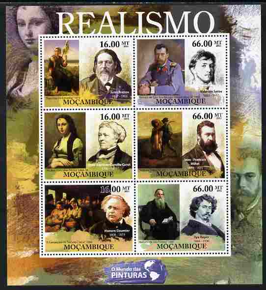 Mozambique 2011 Realism Art perf sheetlet containing 6 values unmounted mint, stamps on arts, stamps on corot, stamps on millet, stamps on 
