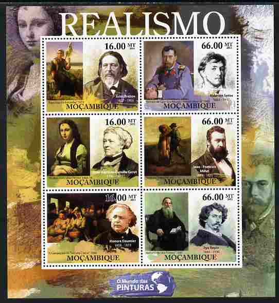 Mozambique 2011 Realism Art perf sheetlet containing 6 values unmounted mint, stamps on , stamps on  stamps on arts, stamps on  stamps on corot, stamps on  stamps on millet, stamps on  stamps on 