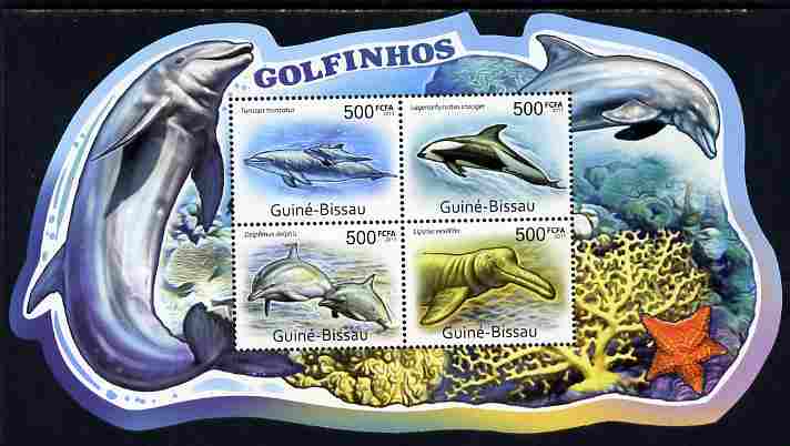 Guinea - Bissau 2011 Dolphins special shaped perf sheetlet containing 4 values unmounted mint , stamps on , stamps on  stamps on shaped, stamps on  stamps on marine life, stamps on  stamps on dolphins