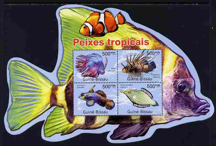 Guinea - Bissau 2011 Tropical Fish special shaped perf sheetlet containing 4 values unmounted mint , stamps on shaped, stamps on fish